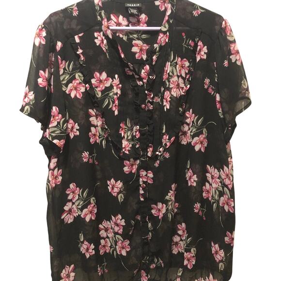 Torrid Sz 3 Floral Short Sleeve Ruffle V Neck Blouse Pink Blue Flower Buttons - Picture 1 of 6